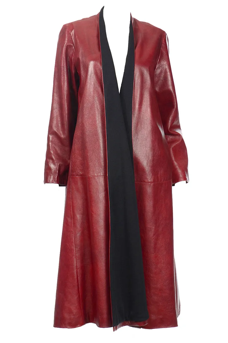 1990s Donna Karan Oxblood Leather Swing Coat w Wool Lining