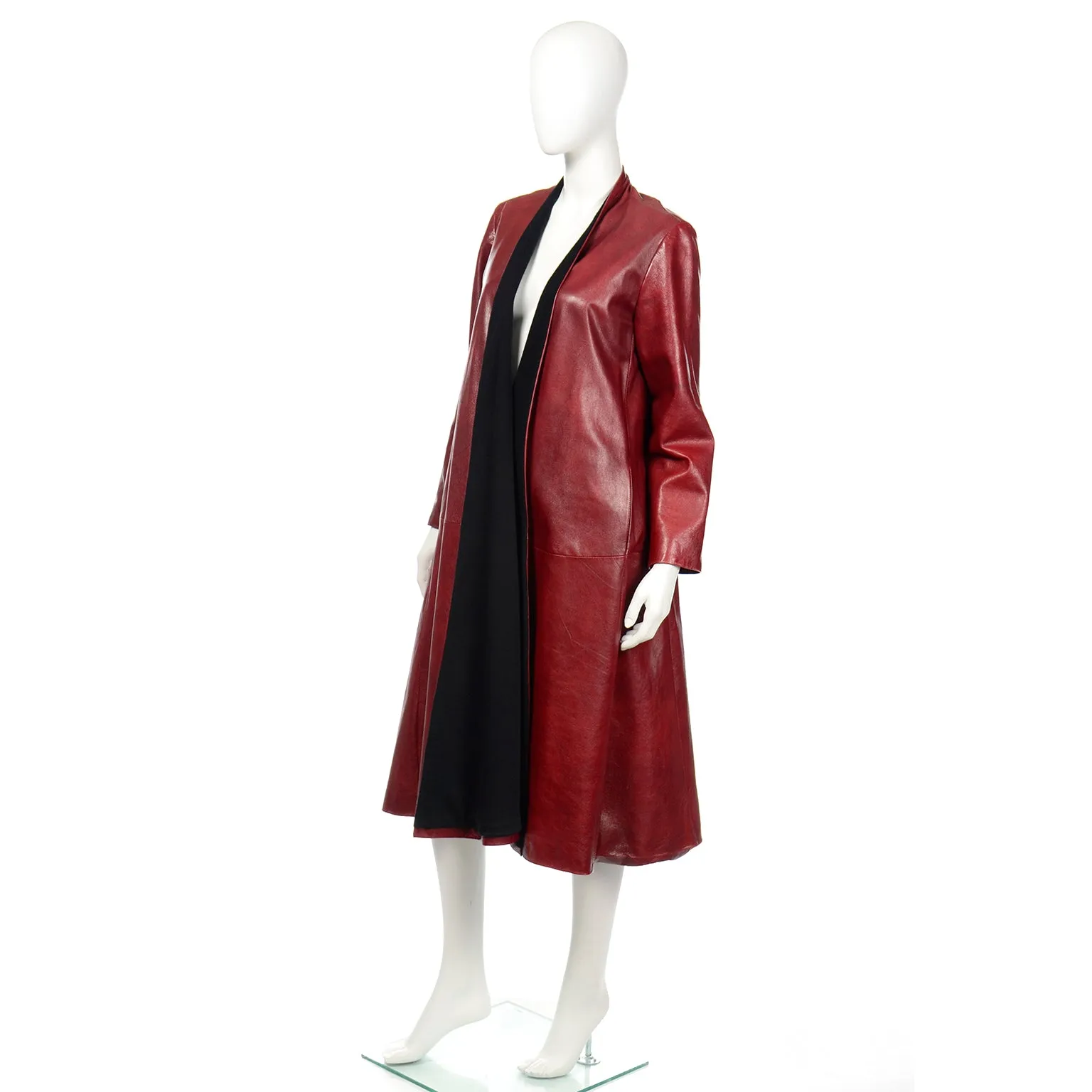 1990s Donna Karan Oxblood Leather Swing Coat w Wool Lining