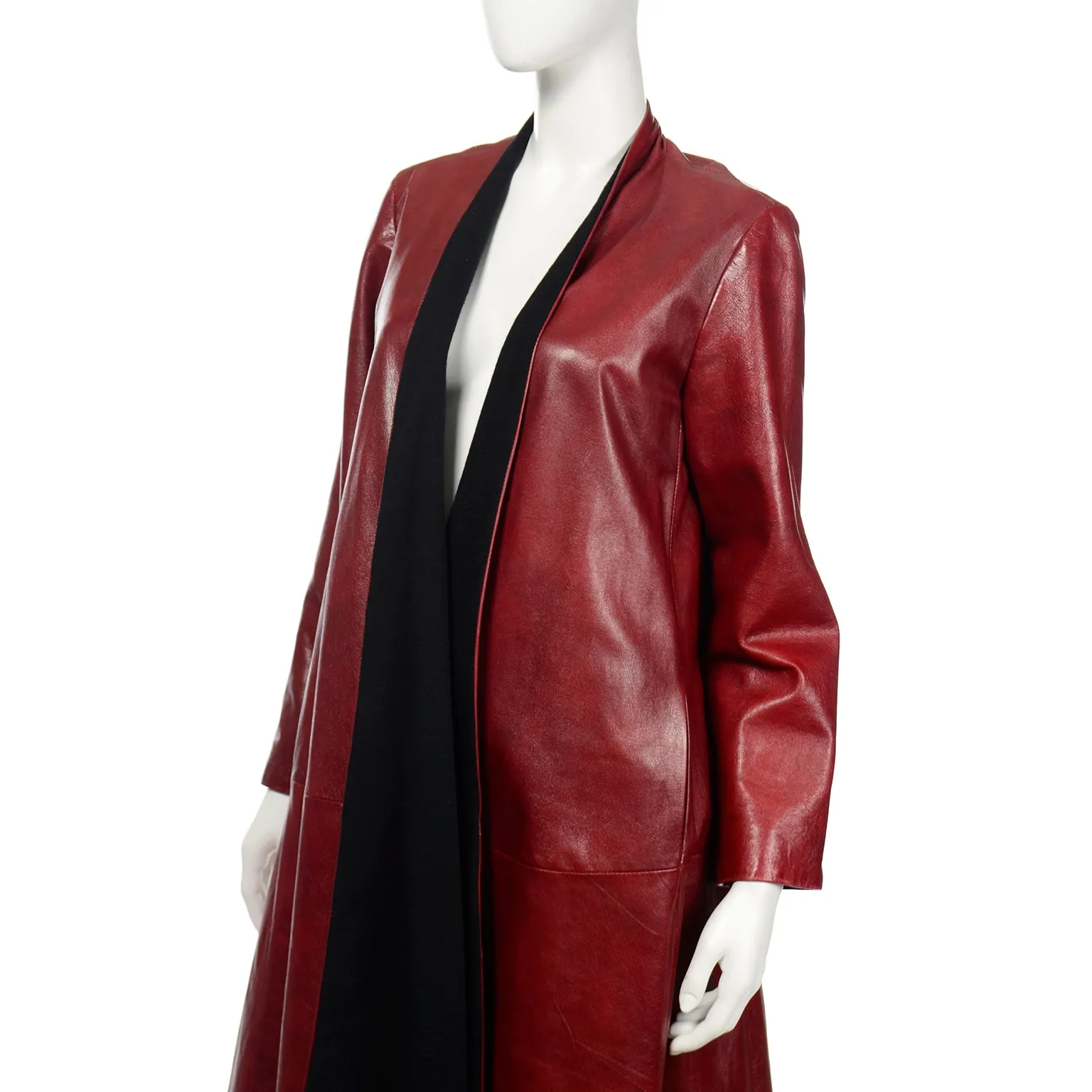 1990s Donna Karan Oxblood Leather Swing Coat w Wool Lining