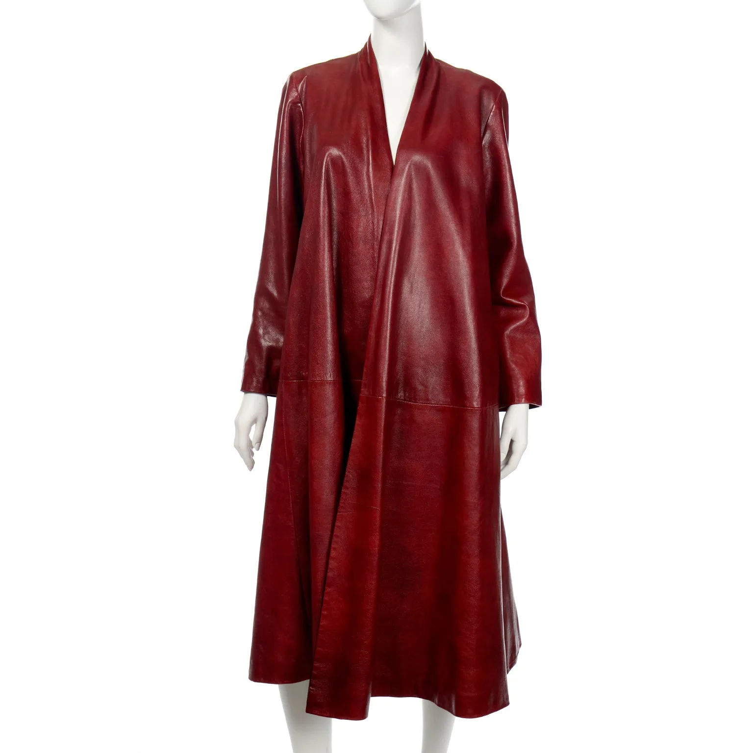 1990s Donna Karan Oxblood Leather Swing Coat w Wool Lining