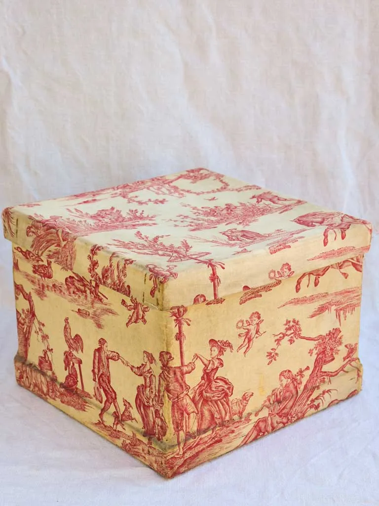 19th century French lace box in red toile de jouy fabric 14½" square