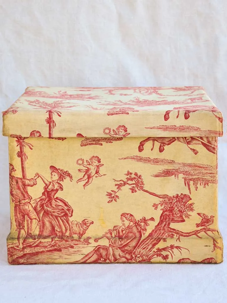 19th century French lace box in red toile de jouy fabric 14½" square