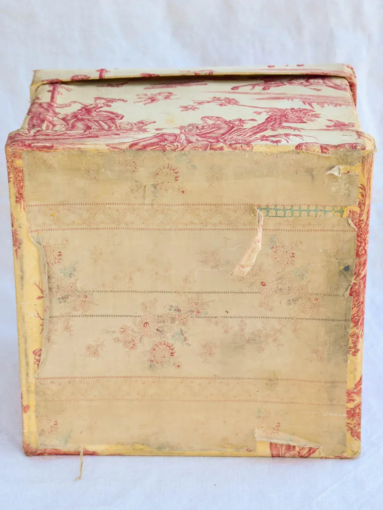 19th century French lace box in red toile de jouy fabric 14½" square