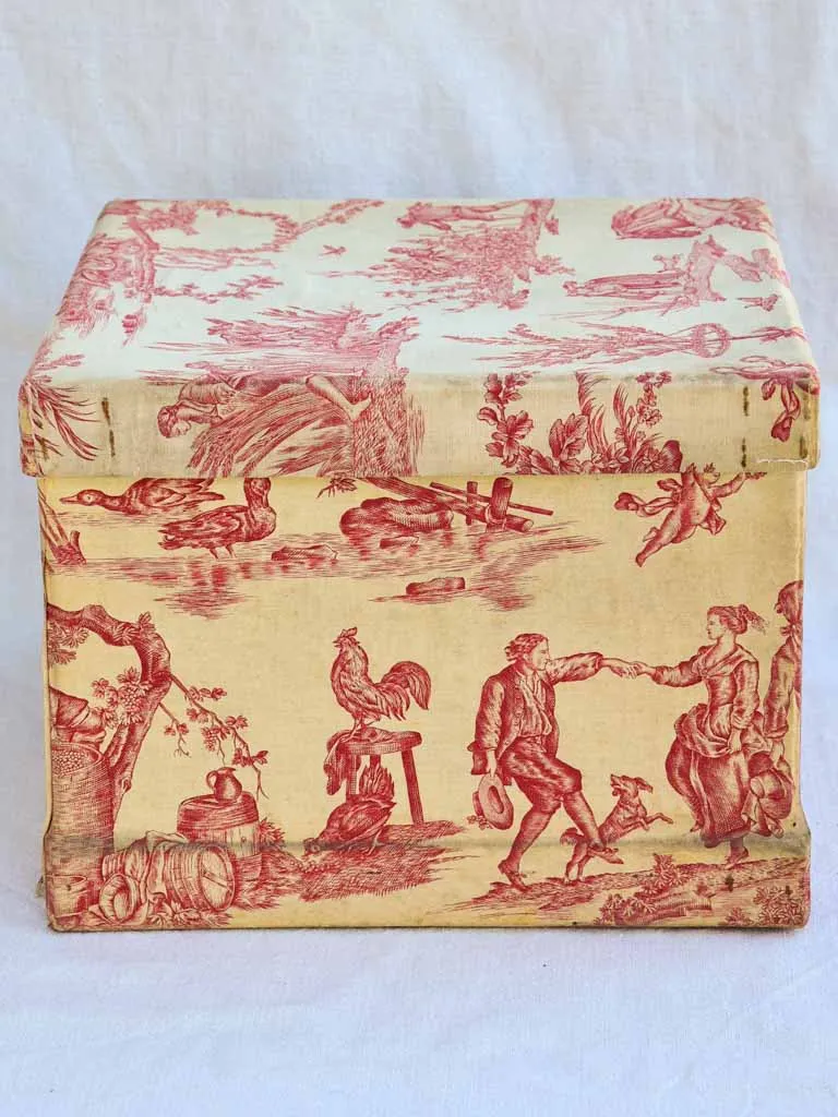 19th century French lace box in red toile de jouy fabric 14½" square