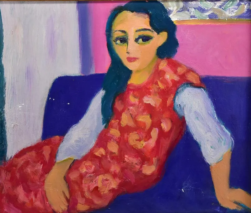 20th Century oil on board - Portrait of a lady on a sofa - Anna Costa 22½" x 26"