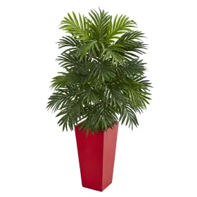 40" Artificial Areca Palm Plant in Red Planter - Low Maintenance, Life-Like & Vibrant Silk Plants For Busy People.