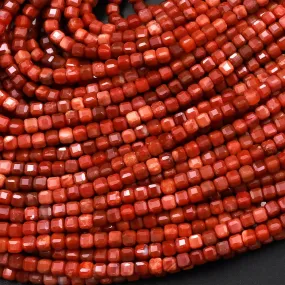 AAA Faceted Natural Moroccan Deep Orange Red Agate 2mm 3mm Cube Beads Micro Diamond Cut Gemstone 15.5" Strand