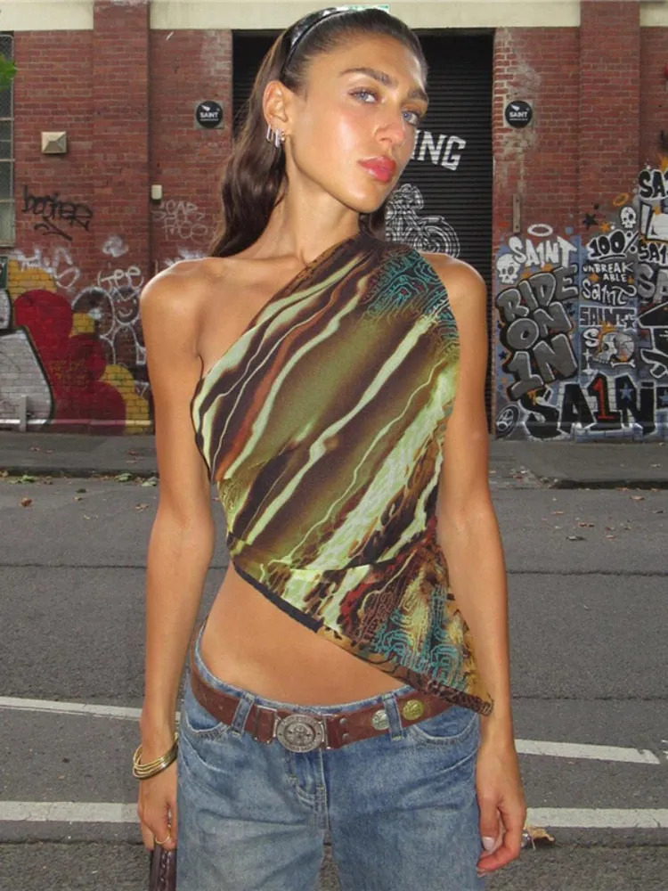 A&A Abstract Print Asymmetric One Shoulder Crop Top