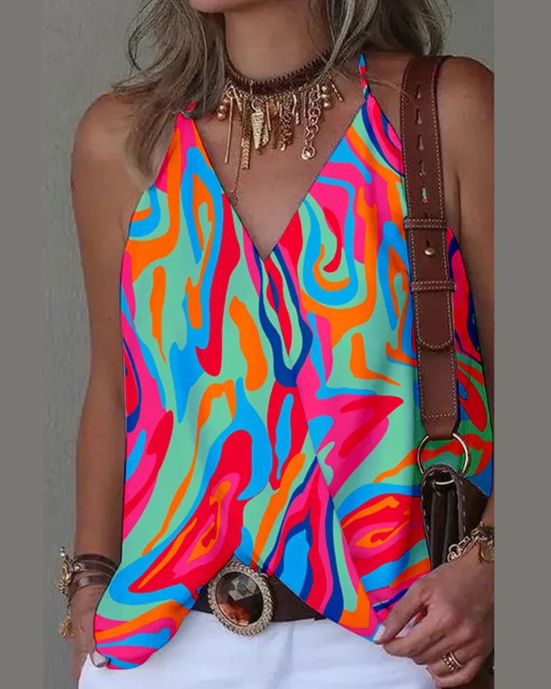 Abstract Print Halter Sleeveless Wrap Tank Top