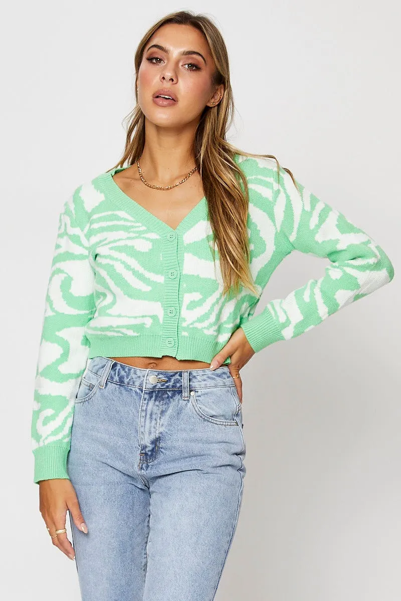 Abstract Print Knit Cardigan Long Sleeve Crop V-Neck