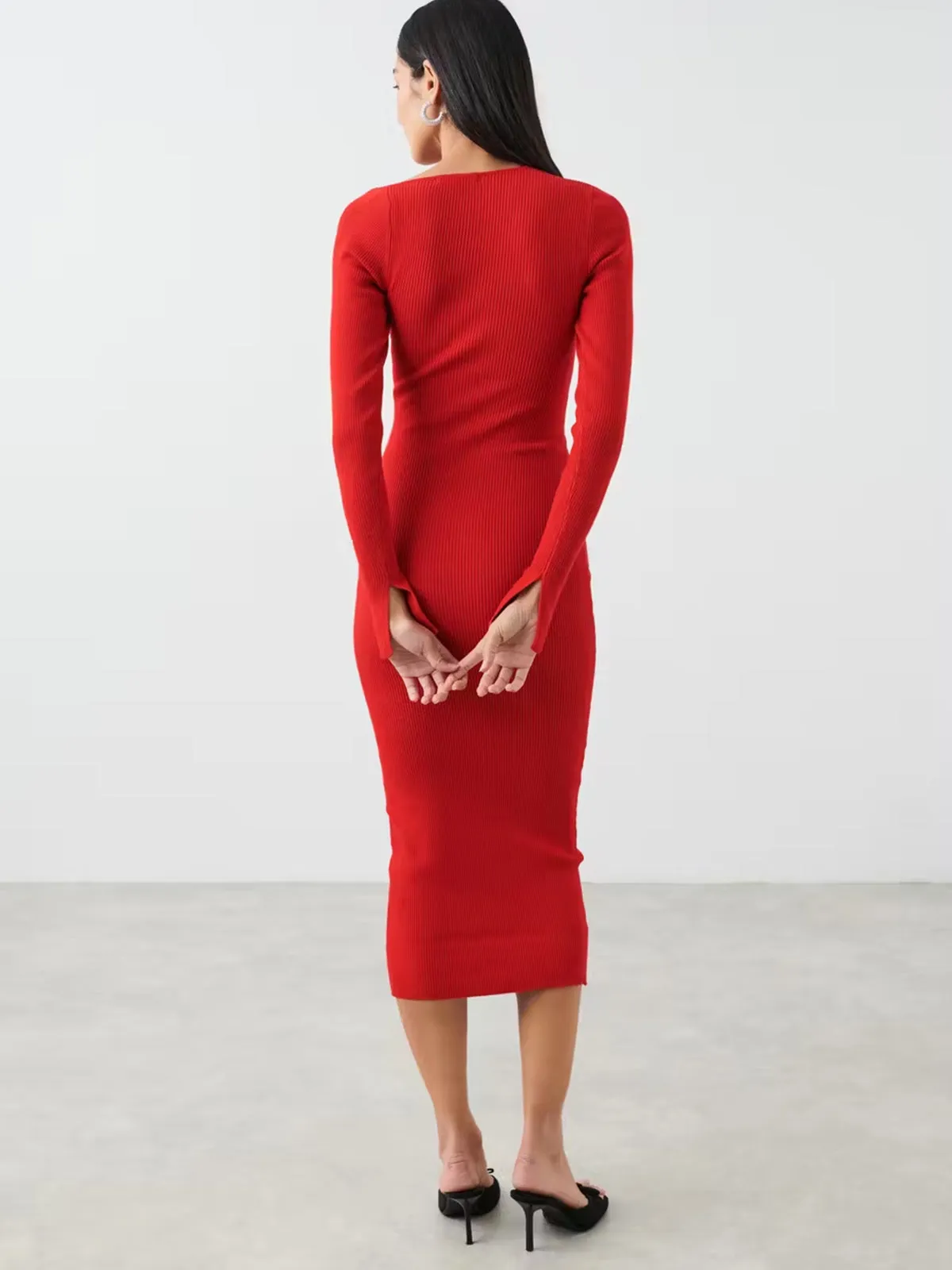 Asymmetrical Shoulder Long Sleeve Modern Slit Cuff Sweater Midi Dress