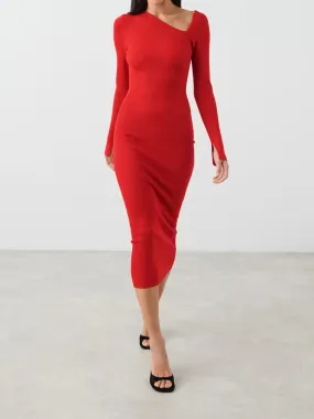 Asymmetrical Shoulder Long Sleeve Modern Slit Cuff Sweater Midi Dress