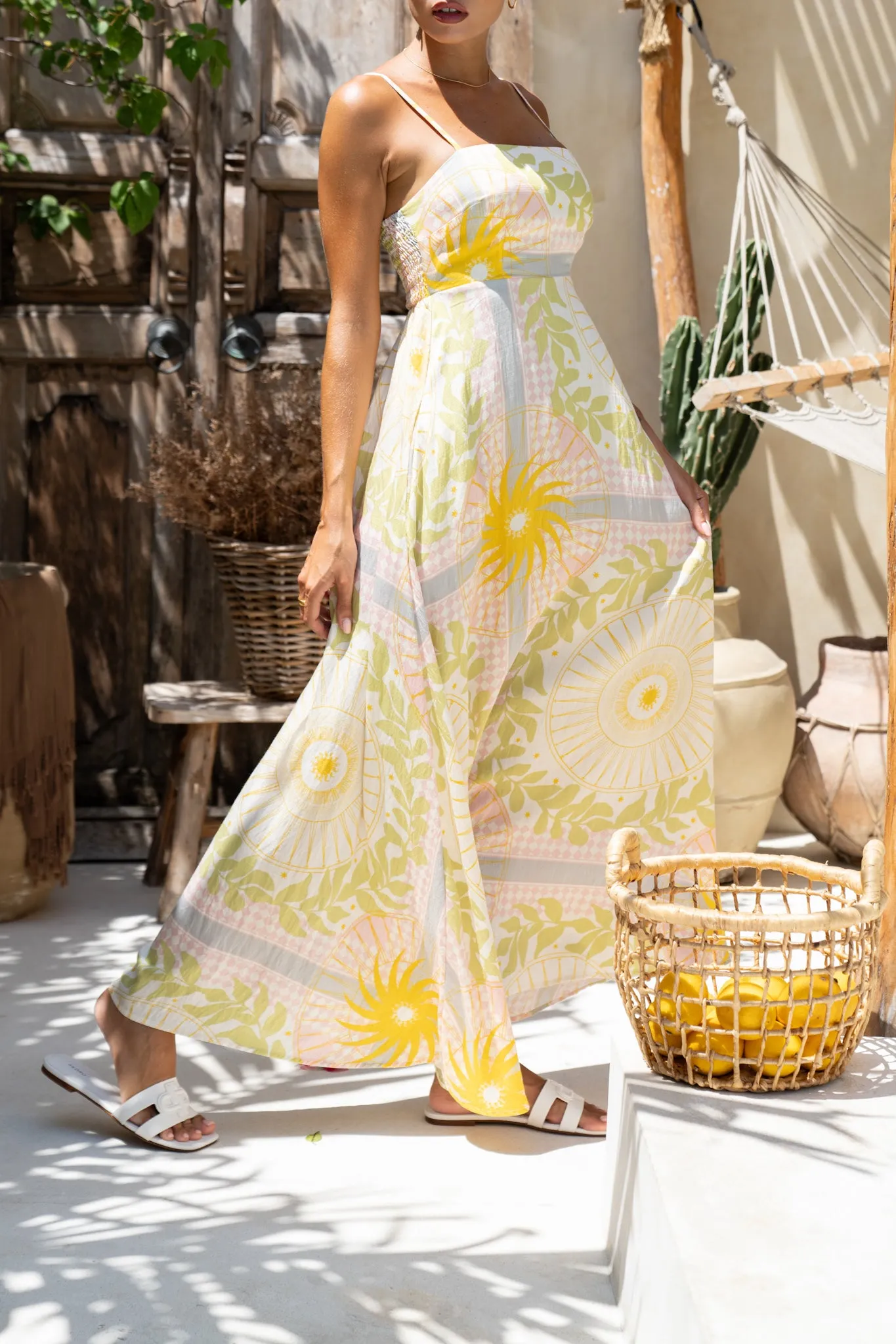 Aurea Yellow Pink Abstract Flared Maxi Dress