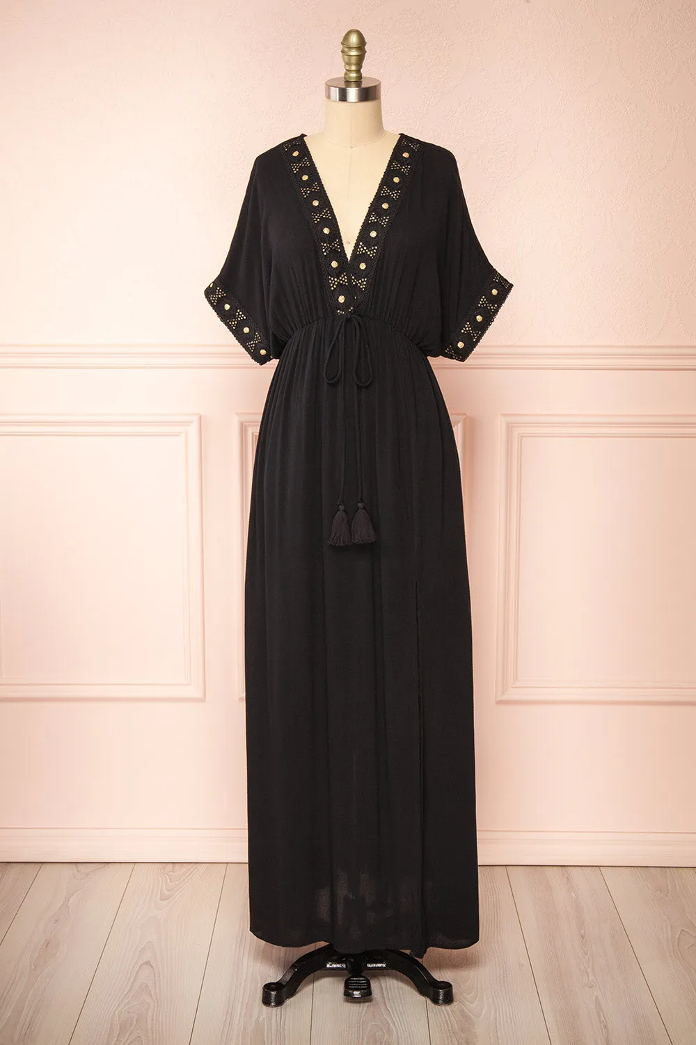 Avalon Black | Short Sleeve Maxi Dress w/ Embroidery