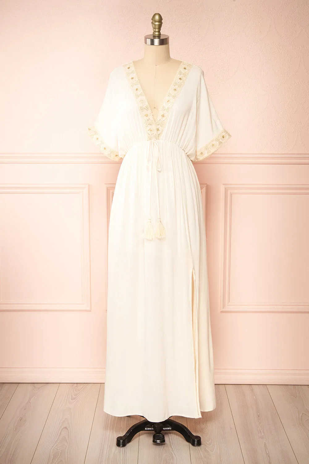 Avalon Ivory | Short Sleeve Maxi Dress w/ Embroidery