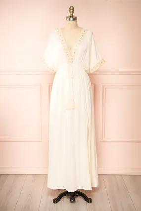 Avalon Ivory | Short Sleeve Maxi Dress w/ Embroidery