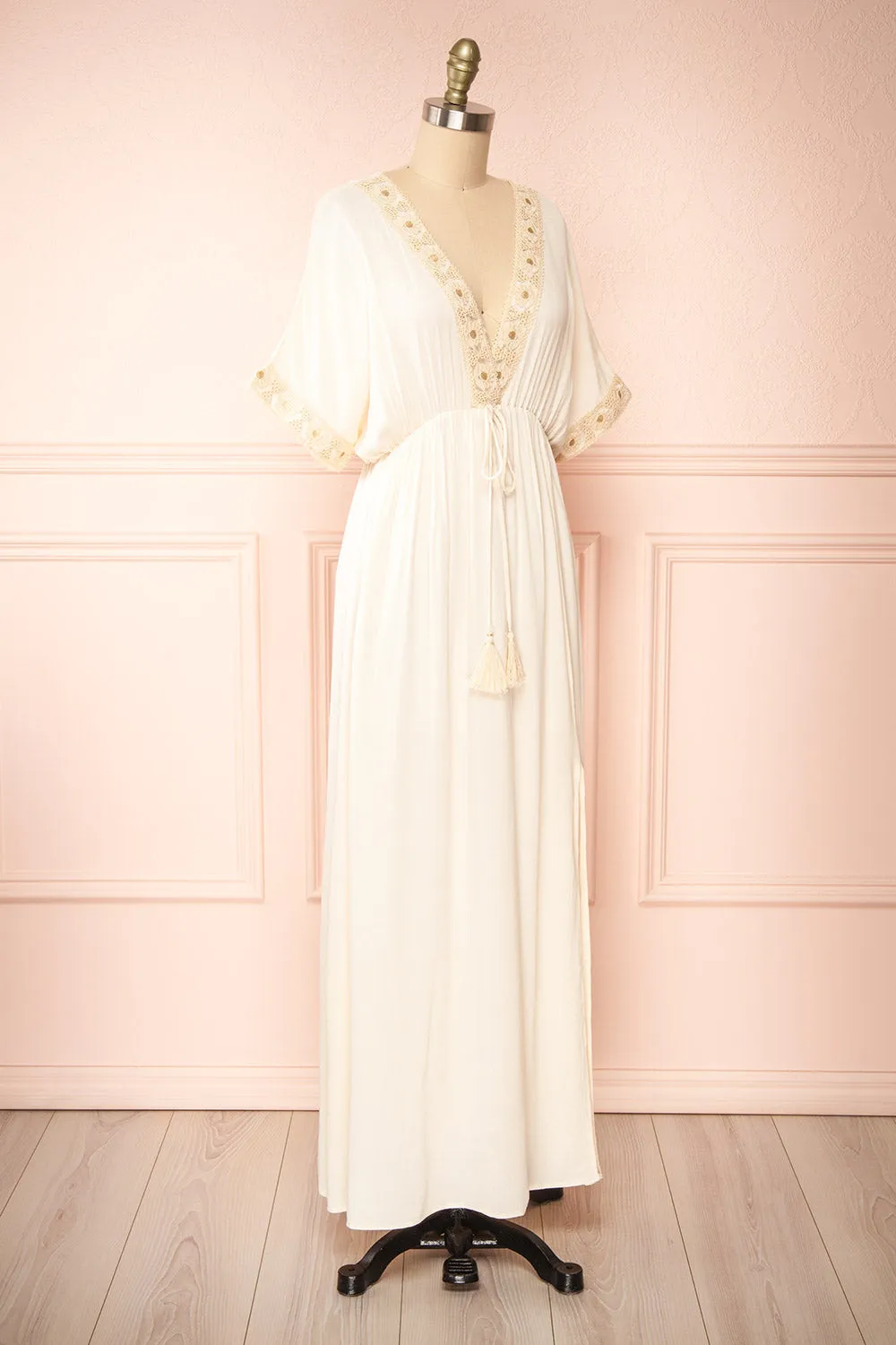 Avalon Ivory | Short Sleeve Maxi Dress w/ Embroidery