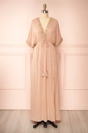 Avalon Taupe | Short Sleeve Maxi Dress w/ Embroidery