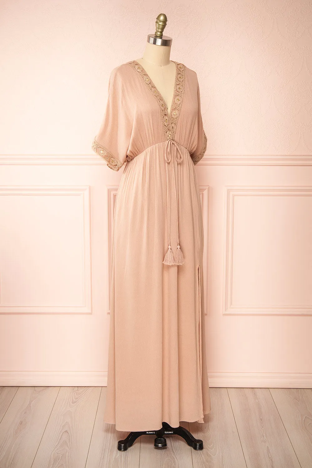 Avalon Taupe | Short Sleeve Maxi Dress w/ Embroidery