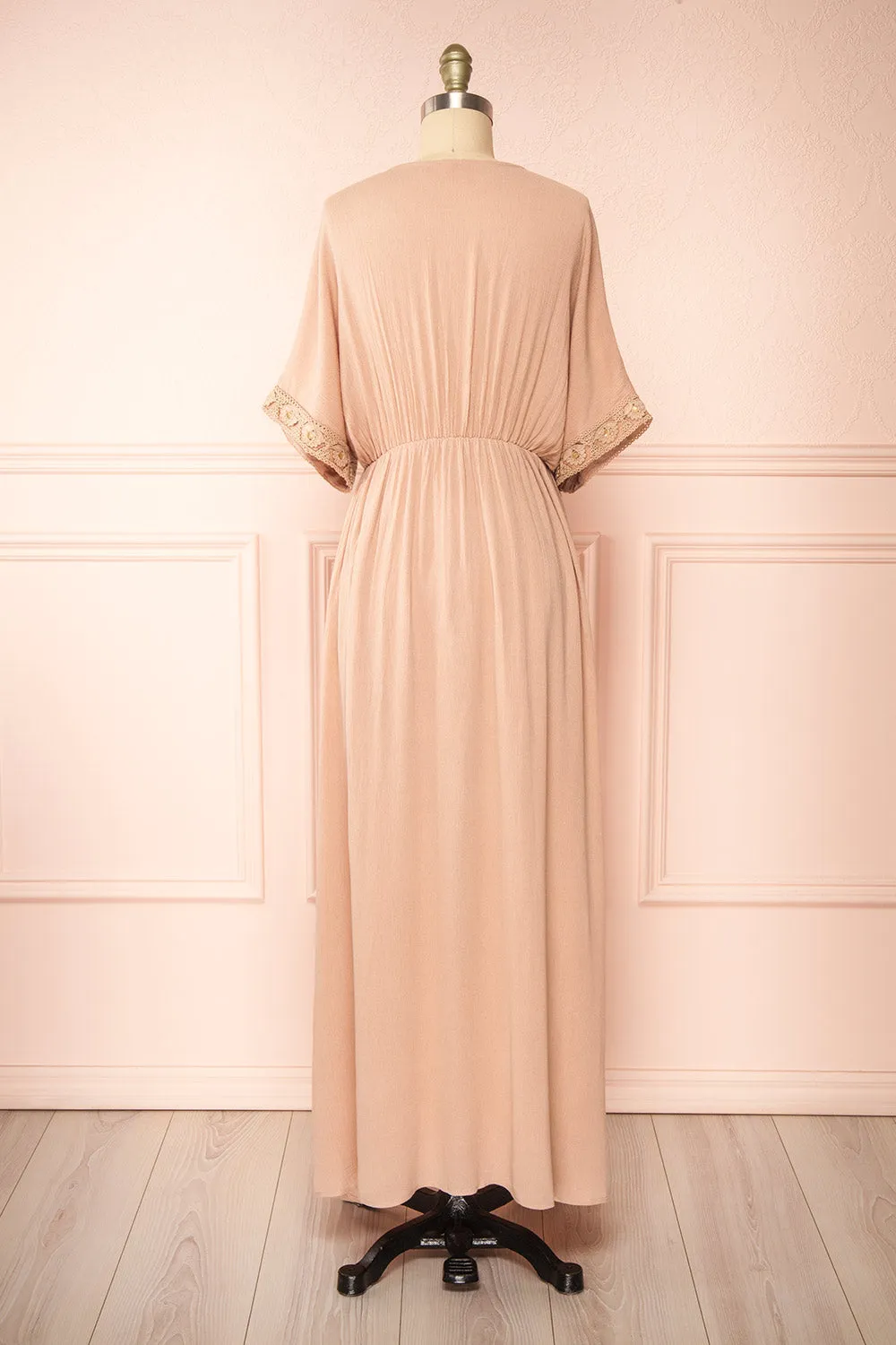 Avalon Taupe | Short Sleeve Maxi Dress w/ Embroidery