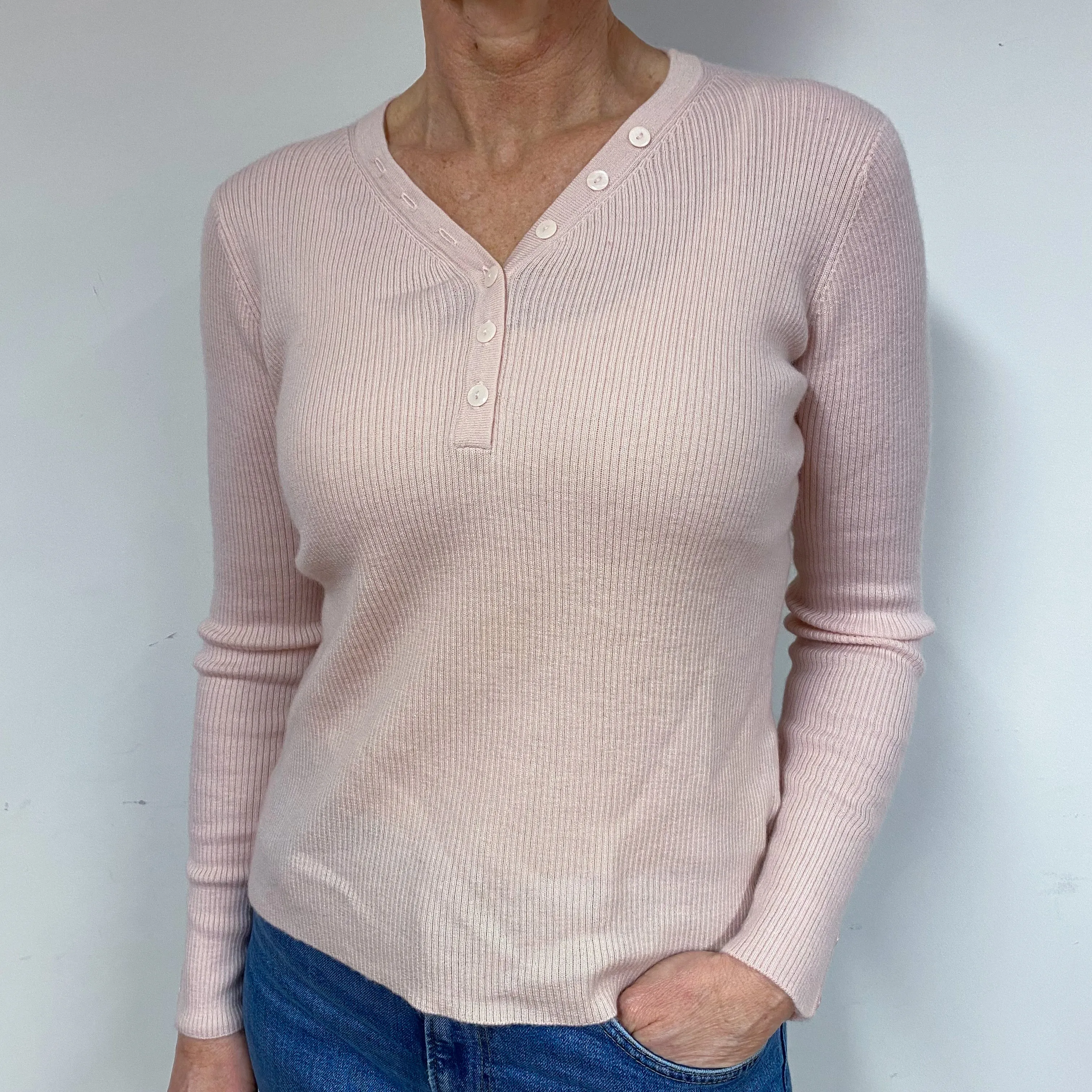 Baby Pink Buttoned Cashmere V-Neck Jumper Medium