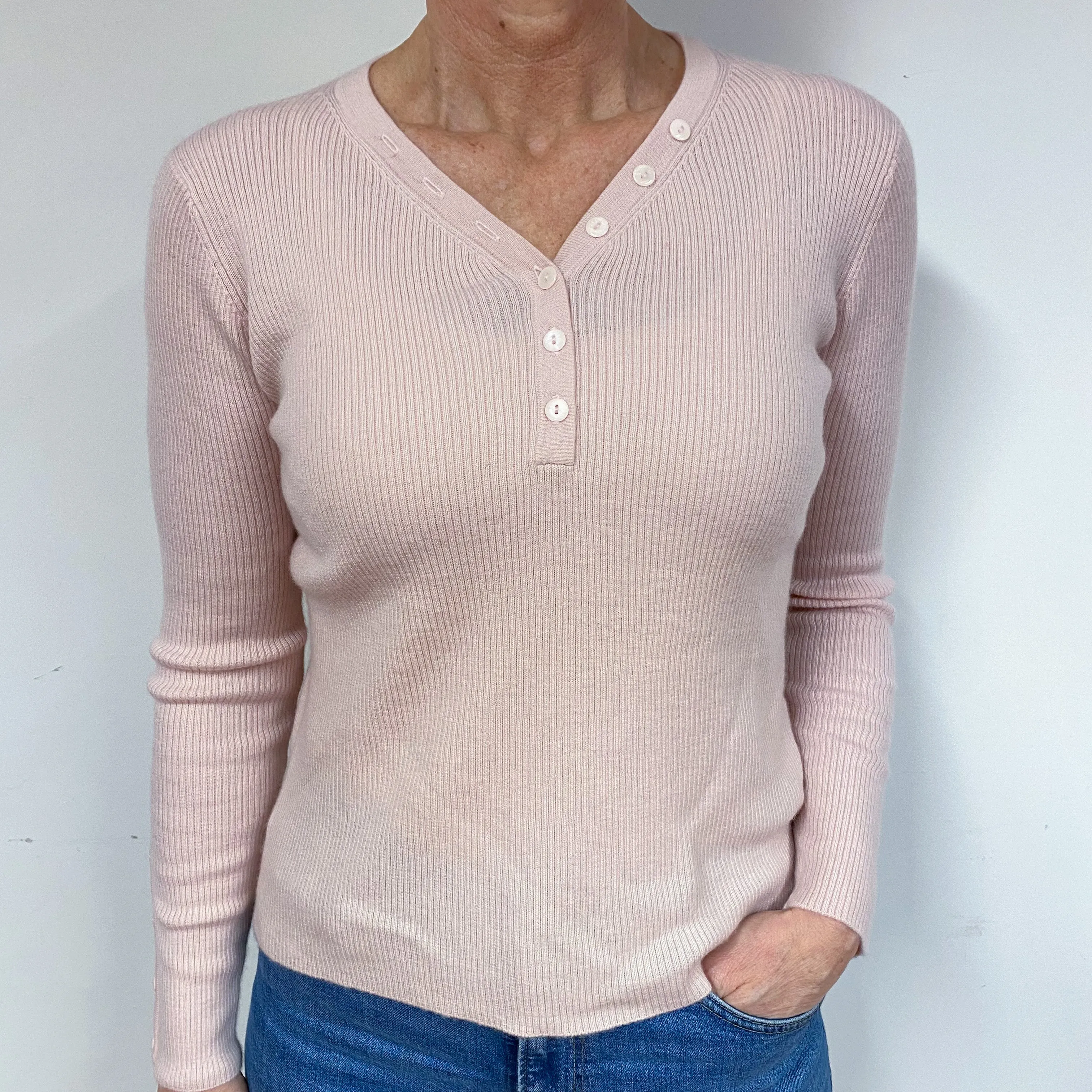 Baby Pink Buttoned Cashmere V-Neck Jumper Medium