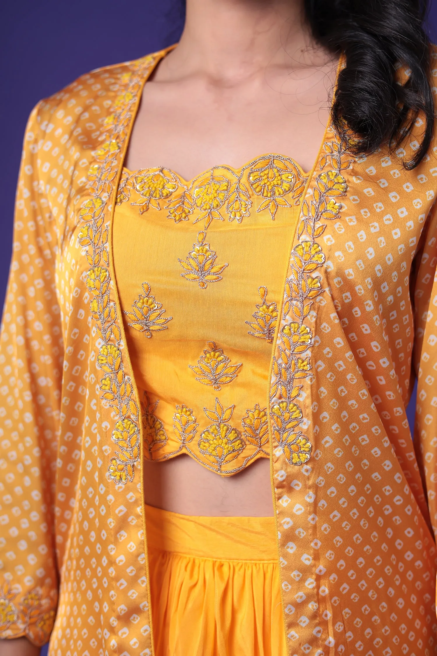 Bandhej Silk Jacket Style Indowestern with Dori and Embroidered work.