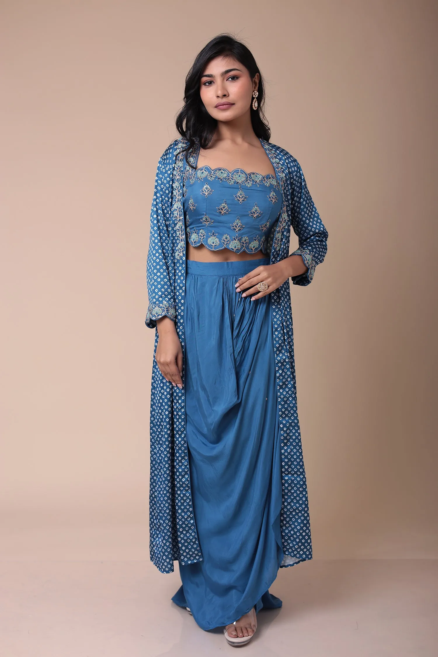 Bandhej Silk Jacket Style Indowestern with Dori and Embroidered work.