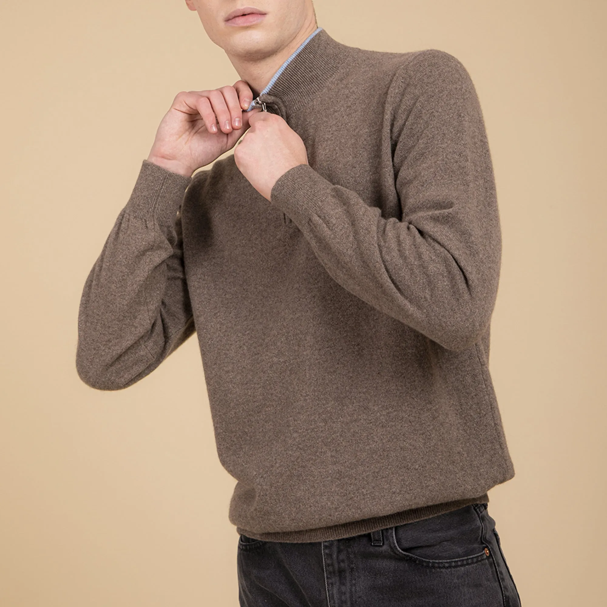 Beige cashmere half zipper pullover Man