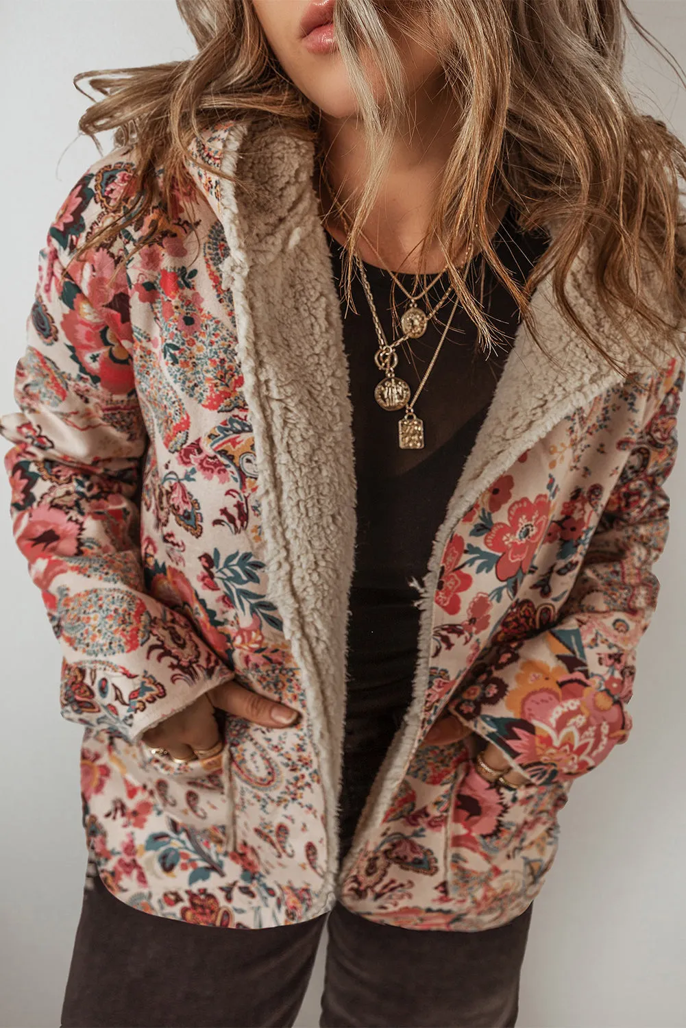 Beige Vintage Paisley Floral Printed Sherpa Lined Hooded Jacket