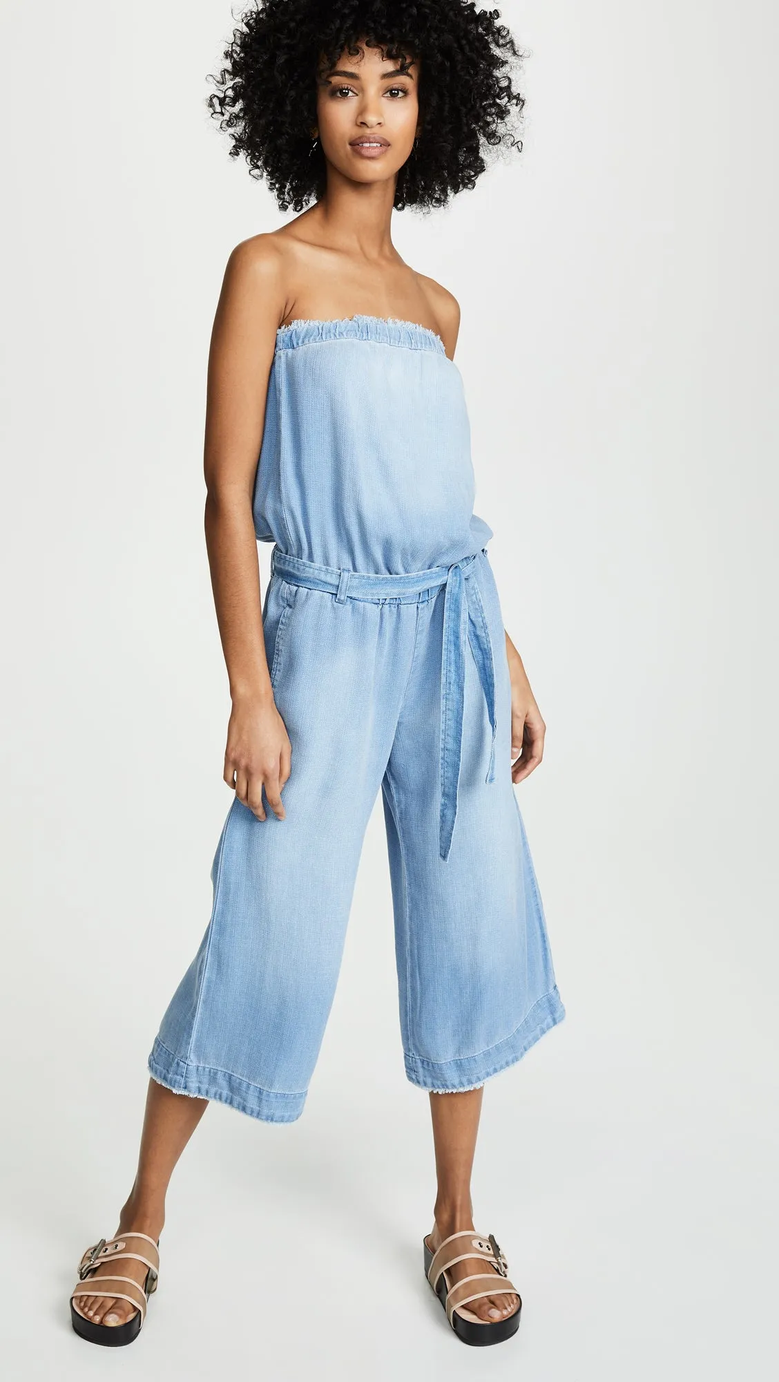 Bella Dahl Strapless Chambray Frayed Jumpsuit