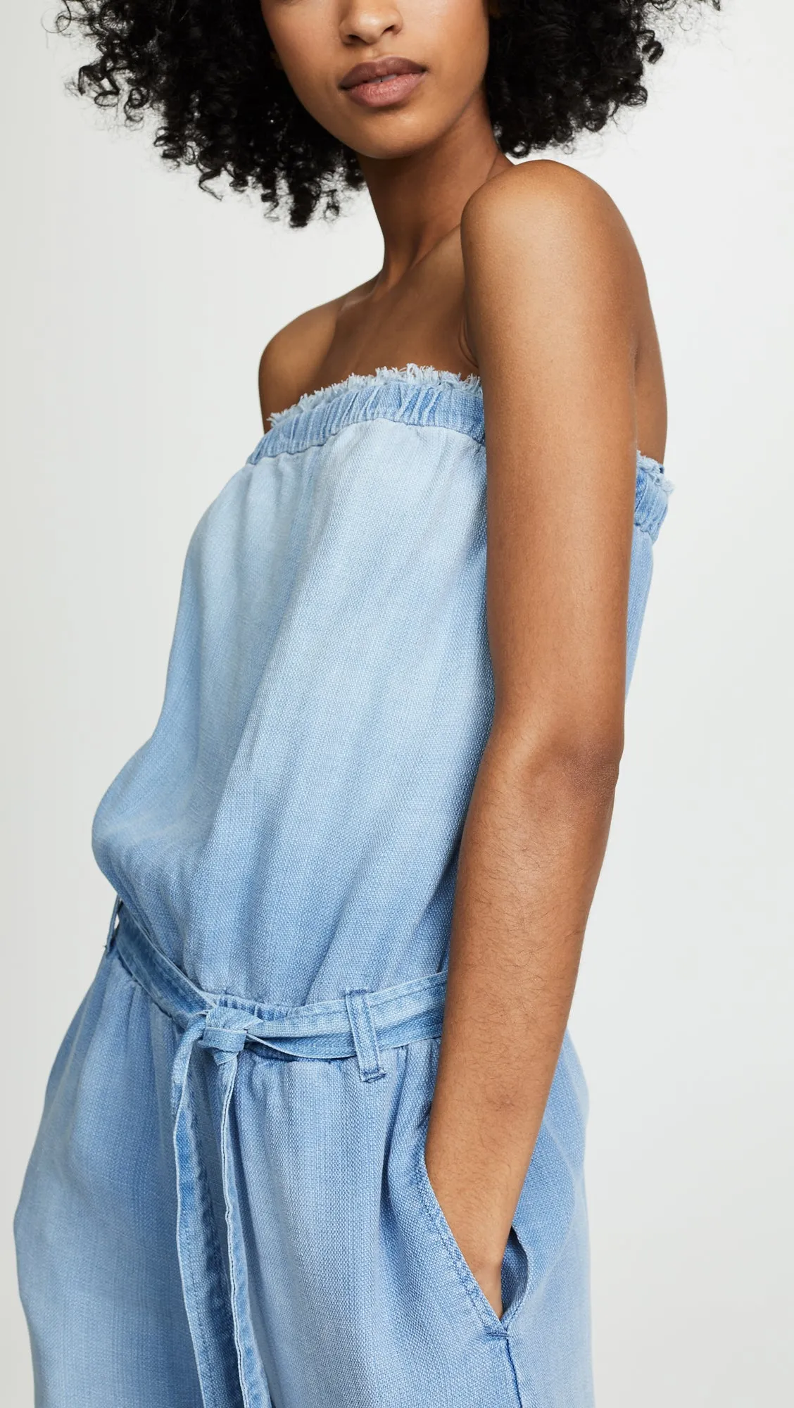 Bella Dahl Strapless Chambray Frayed Jumpsuit