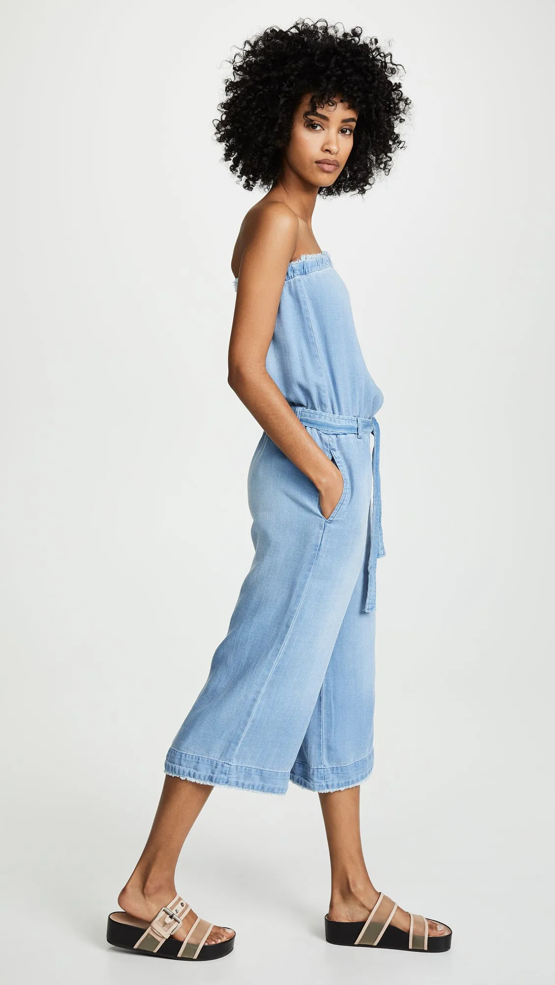 Bella Dahl Strapless Chambray Frayed Jumpsuit