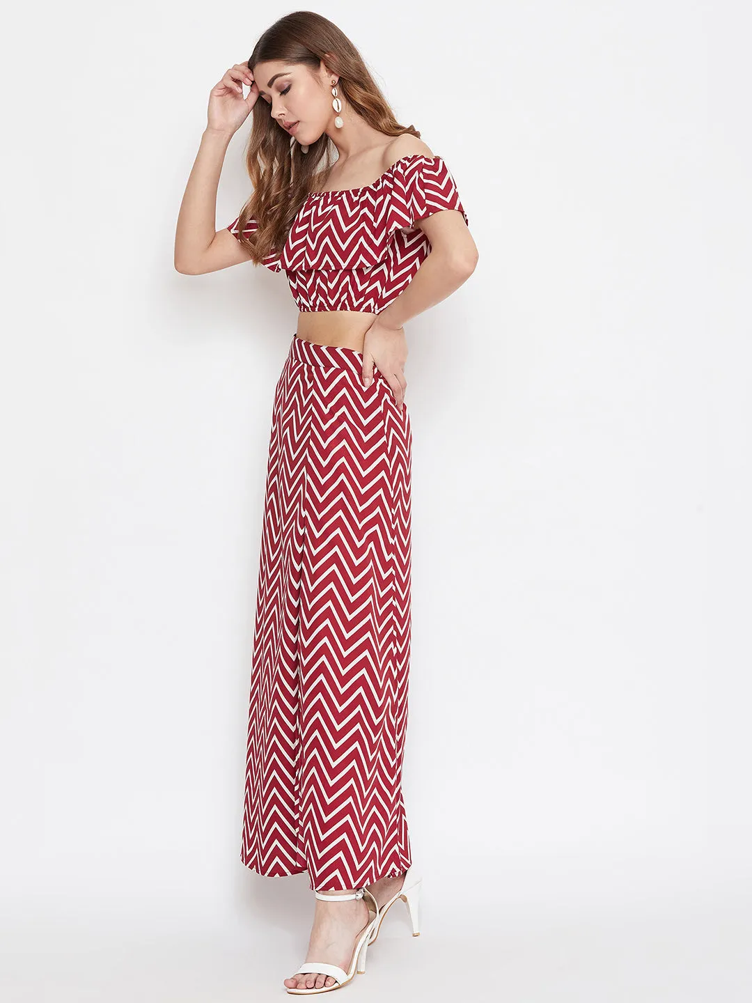 Berrylush Women Maroon and White Chevron Printed Off-Shoulder Flared Co-Ordinate Maxi Dress