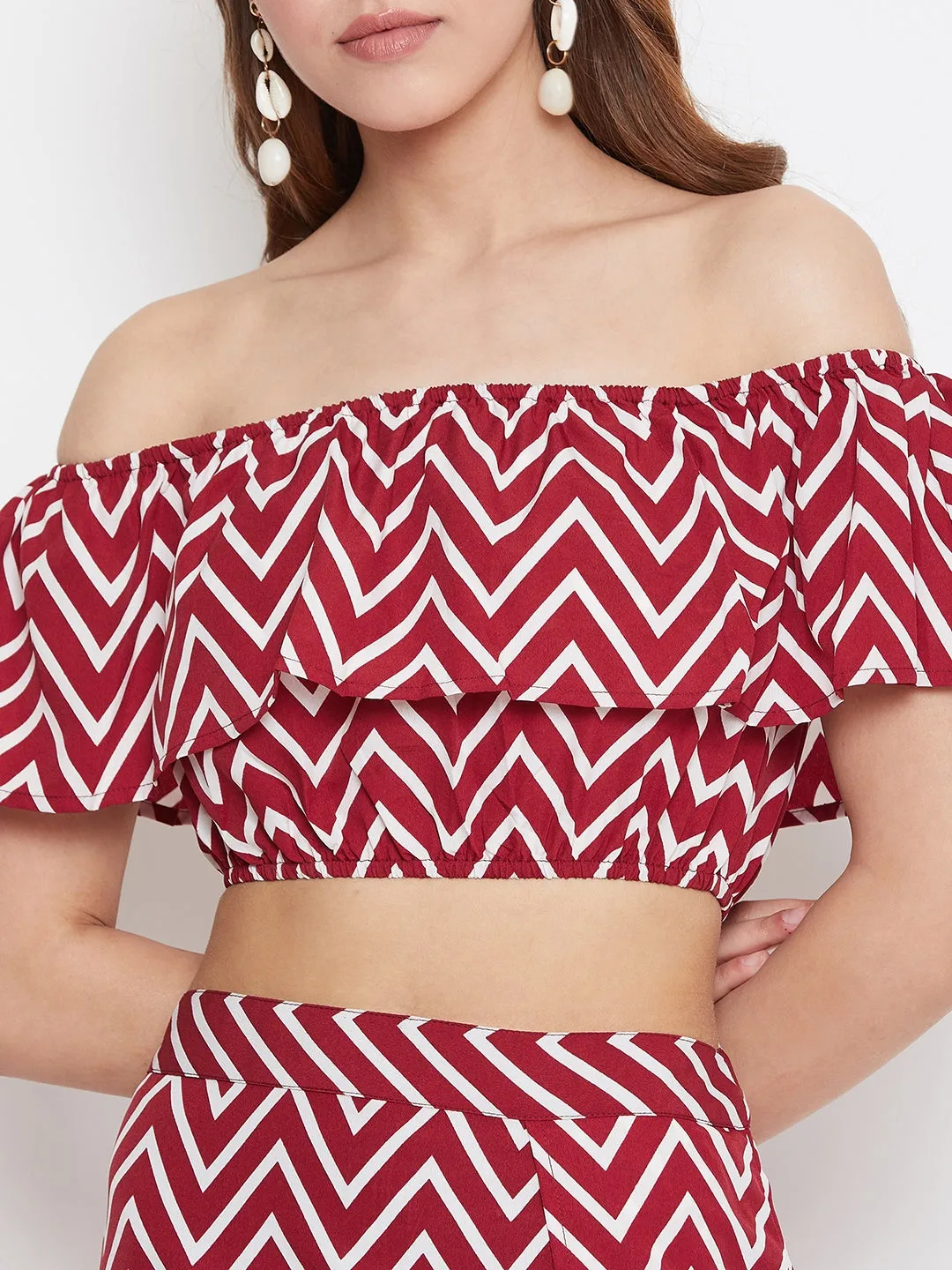 Berrylush Women Maroon and White Chevron Printed Off-Shoulder Flared Co-Ordinate Maxi Dress