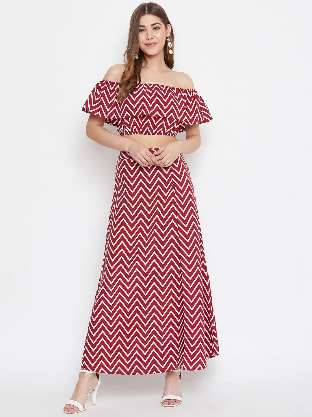 Berrylush Women Maroon and White Chevron Printed Off-Shoulder Flared Co-Ordinate Maxi Dress