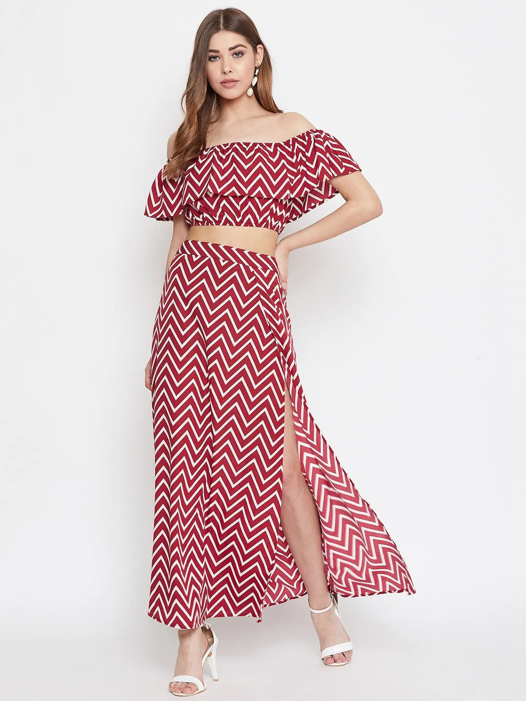 Berrylush Women Maroon and White Chevron Printed Off-Shoulder Flared Co-Ordinate Maxi Dress