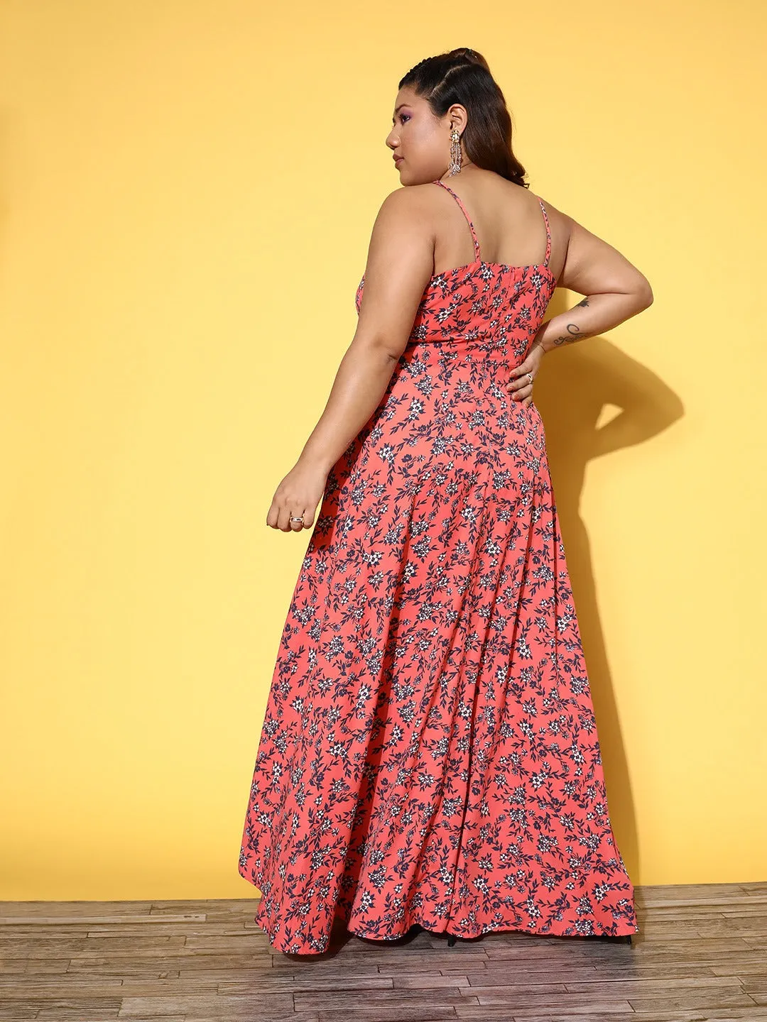 Berrylush Women Plus Size Orange Floral Printed V-Neck Sleeveless Crepe Thigh-High Slit Fit & Flare Wrap Maxi Dress