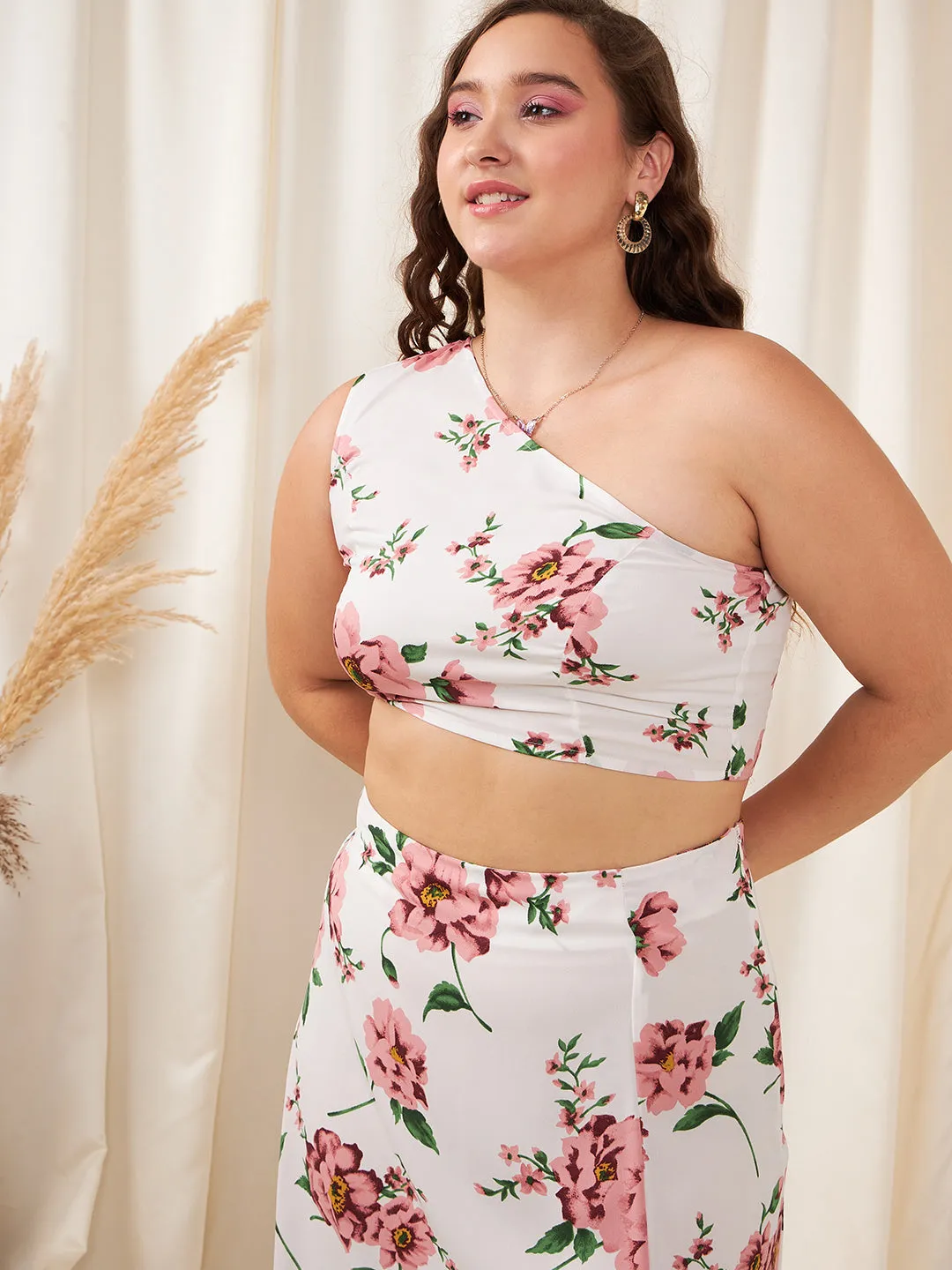 Berrylush Women Plus Size White & Pink Floral Printed One-Shoulder Neck Sleeveless Cropped Top & Thigh-High Slit Maxi Co-Ord Set