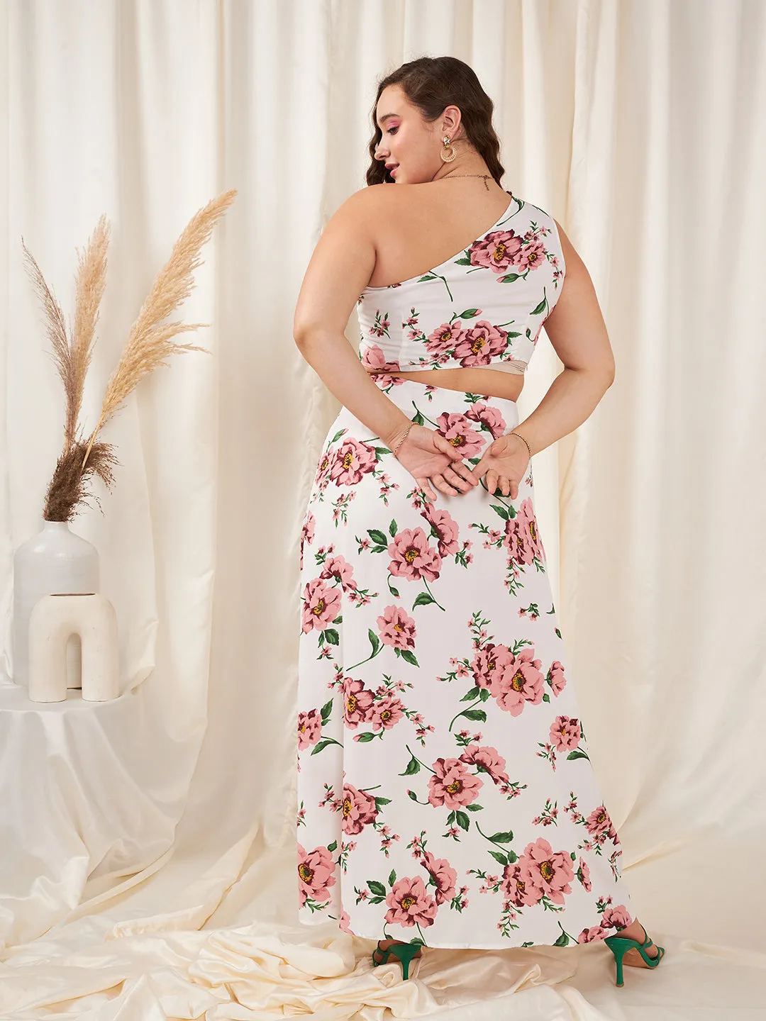 Berrylush Women Plus Size White & Pink Floral Printed One-Shoulder Neck Sleeveless Cropped Top & Thigh-High Slit Maxi Co-Ord Set