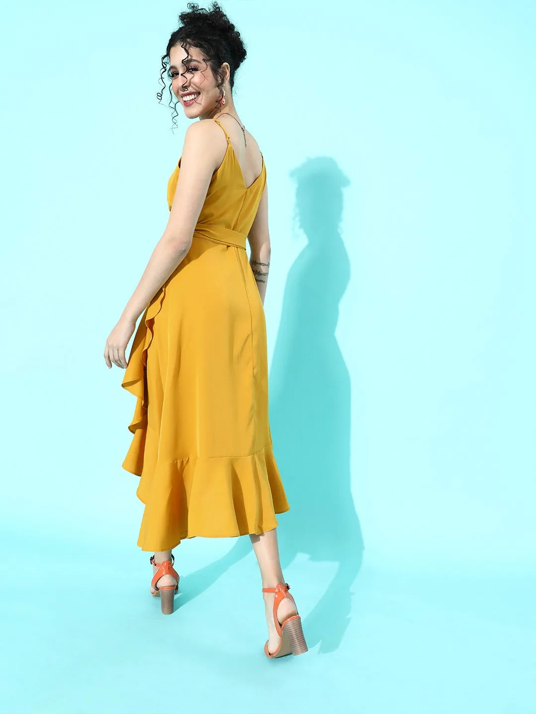 Berrylush Women Solid Yellow V-Neck Crepe Ruffled A-Line Midi Dress