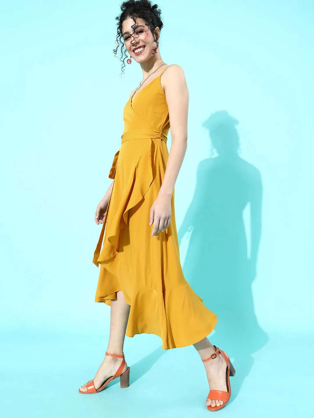 Berrylush Women Solid Yellow V-Neck Crepe Ruffled A-Line Midi Dress