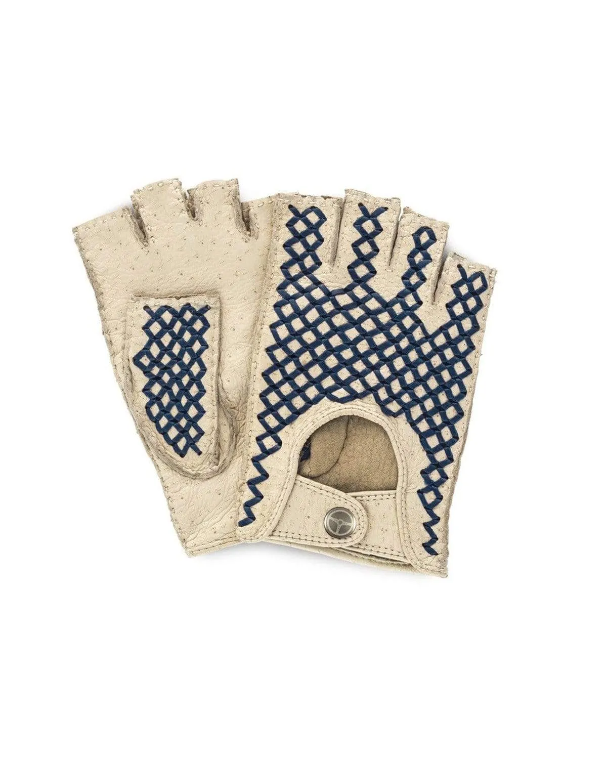 BESPOKE - Fingerless Peccary Leather Driving Gloves - Beige/Blue