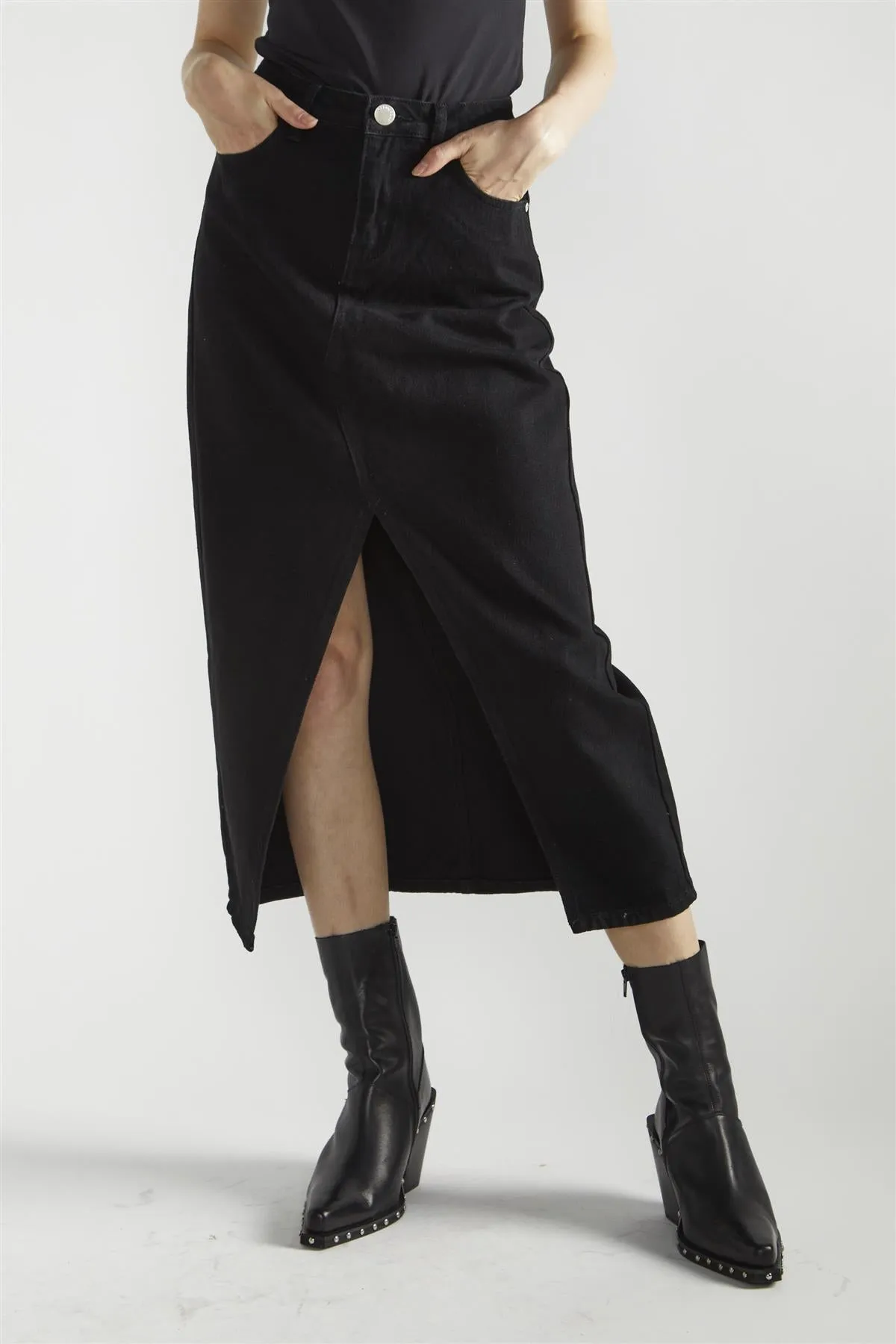 Black Denim Centre-Split Maxi-Skirt