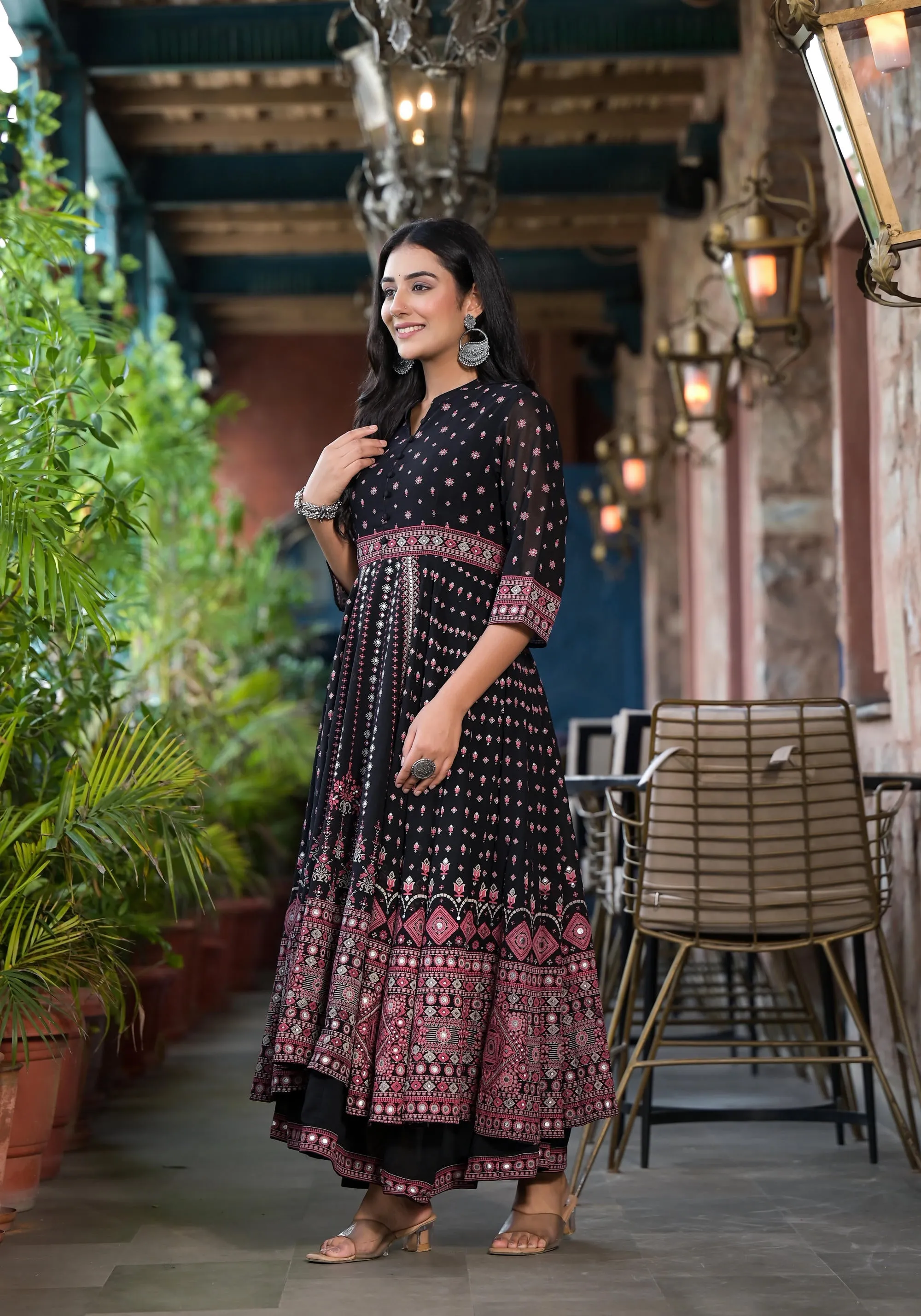 Black Ethnic Motif Printed Georgette A-line Dress With Mirror Work & Sequins