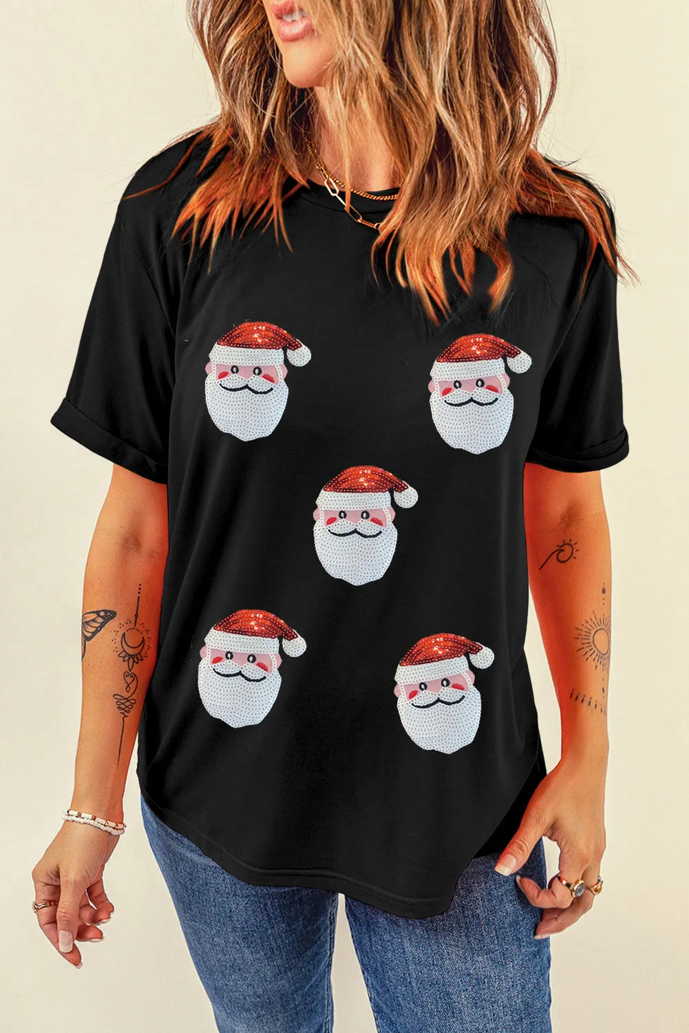 Black Faux Sequin Christmas Claus Pattern Crewneck T Shirt