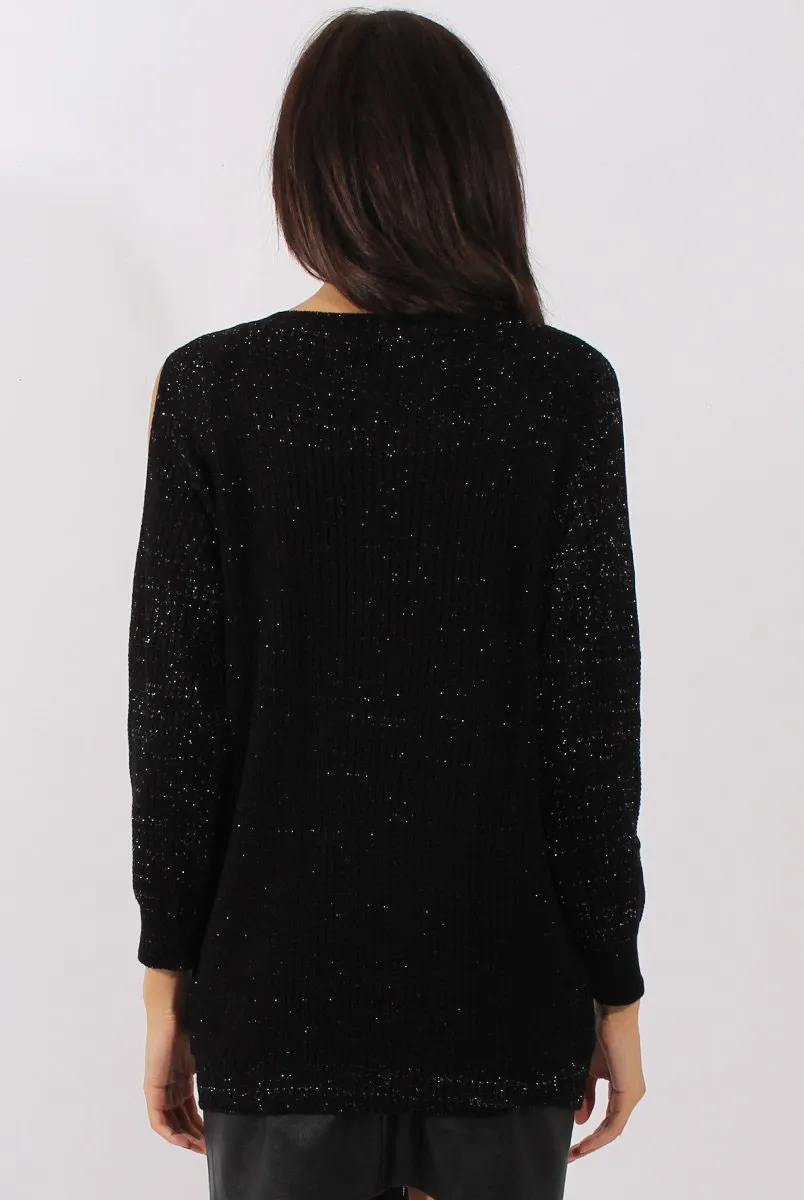 Black Sparkle Knitted Cold Shoulder Jumper - May