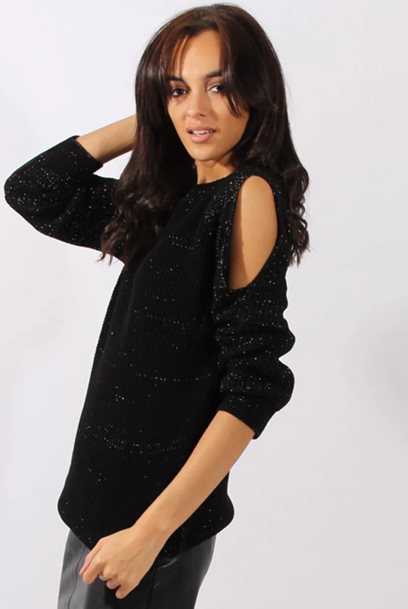 Black Sparkle Knitted Cold Shoulder Jumper - May