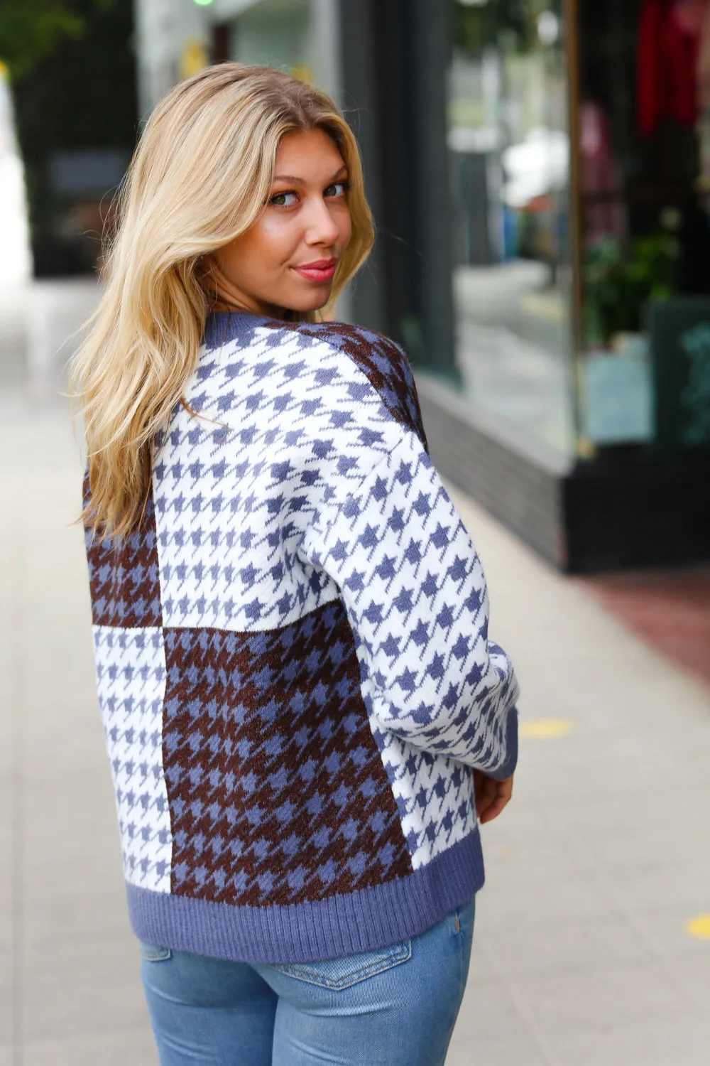 Blue & White Four Block Abstract Print Ribbed Sweater