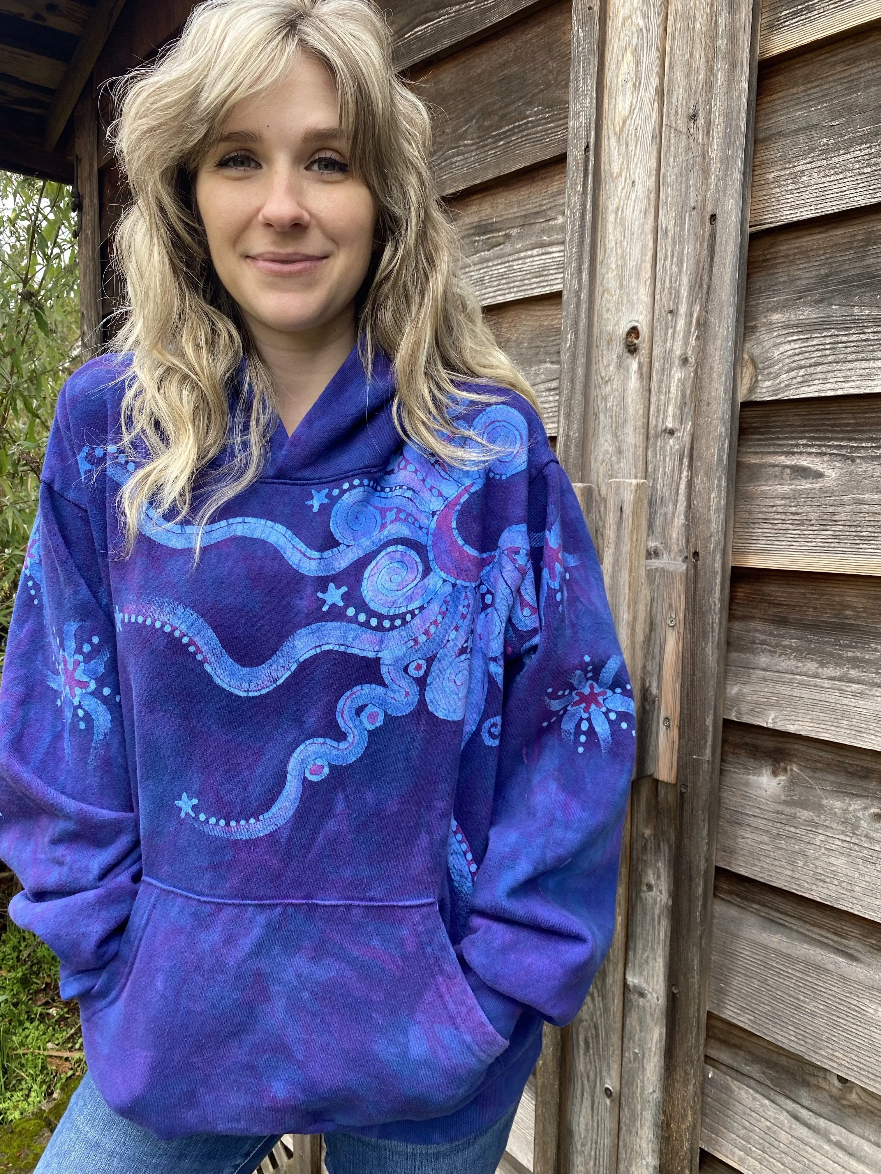 Blue Moonlight Cascade - Handcrafted Batik Pullover Hoodie